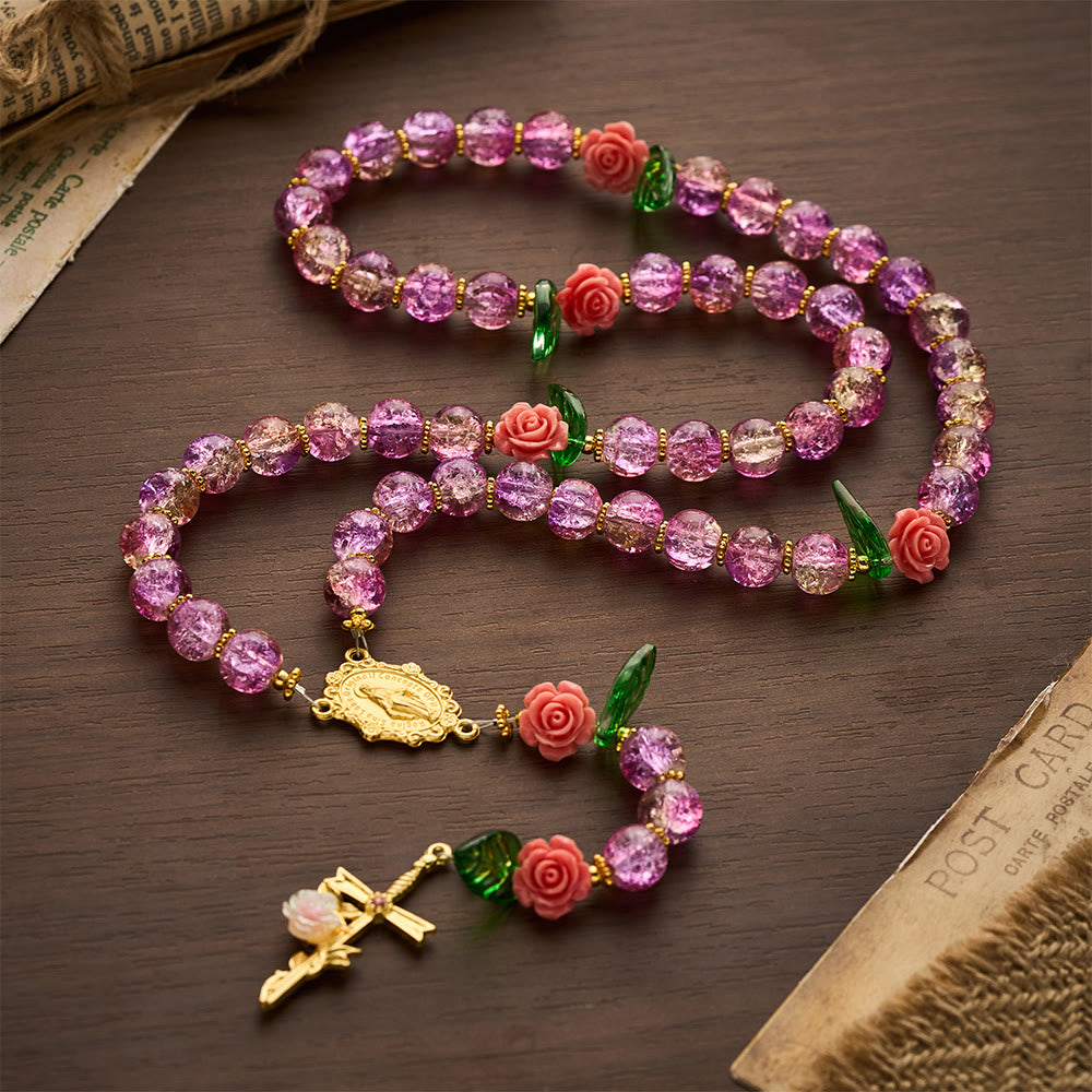 SolaceBeads Purple Green Crackle Glass Rosary With Rose Crucifix: Peace in Floral Glass Sparkle - image 10