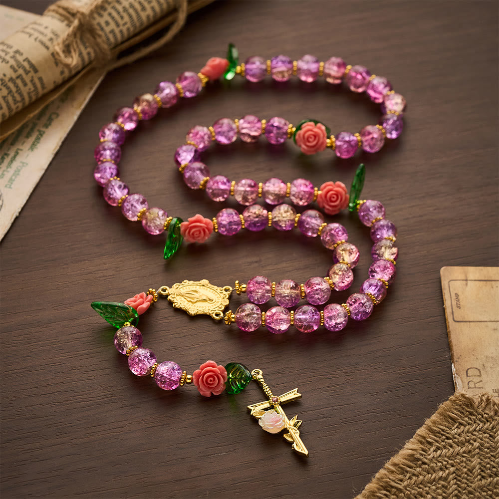 SolaceBeads Purple Green Crackle Glass Rosary With Rose Crucifix: Peace in Floral Glass Sparkle - image 9