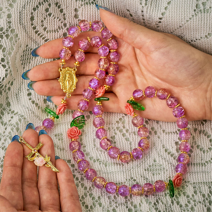 SolaceBeads Purple Green Crackle Glass Rosary With Rose Crucifix: Peace in Floral Glass Sparkle - image 1