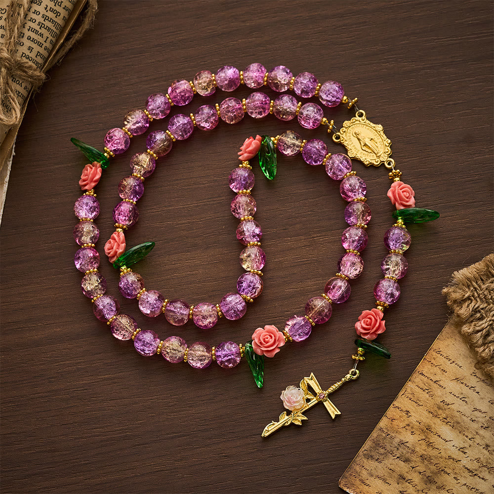 SolaceBeads Purple Green Crackle Glass Rosary With Rose Crucifix: Peace in Floral Glass Sparkle - Purple & Green - image 0