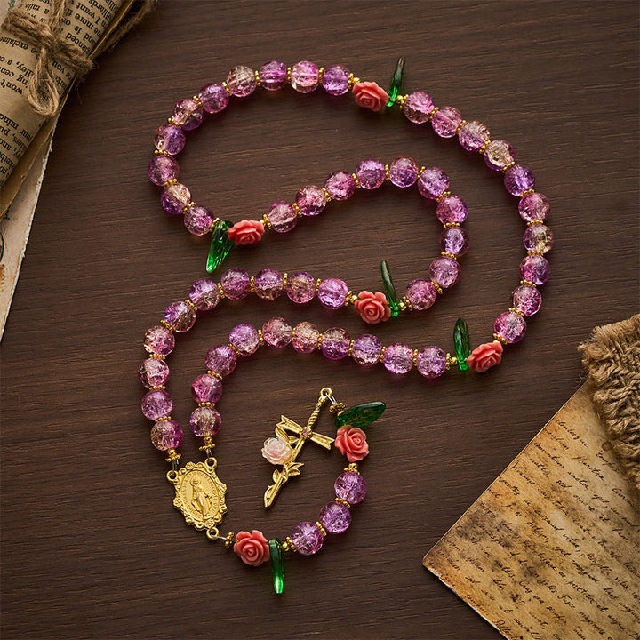 SolaceBeads Purple Green Crackle Glass Rosary With Rose Crucifix: Peace in Floral Glass Sparkle - image 8