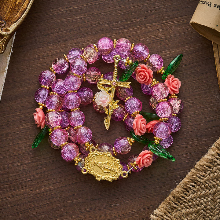 SolaceBeads Purple Green Crackle Glass Rosary With Rose Crucifix: Peace in Floral Glass Sparkle - image 5