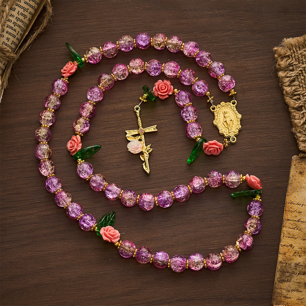 SolaceBeads Purple Green Crackle Glass Rosary With Rose Crucifix: Peace in Floral Glass Sparkle - image 7