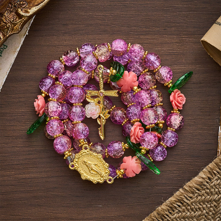 SolaceBeads Purple Green Crackle Glass Rosary With Rose Crucifix: Peace in Floral Glass Sparkle - image 6