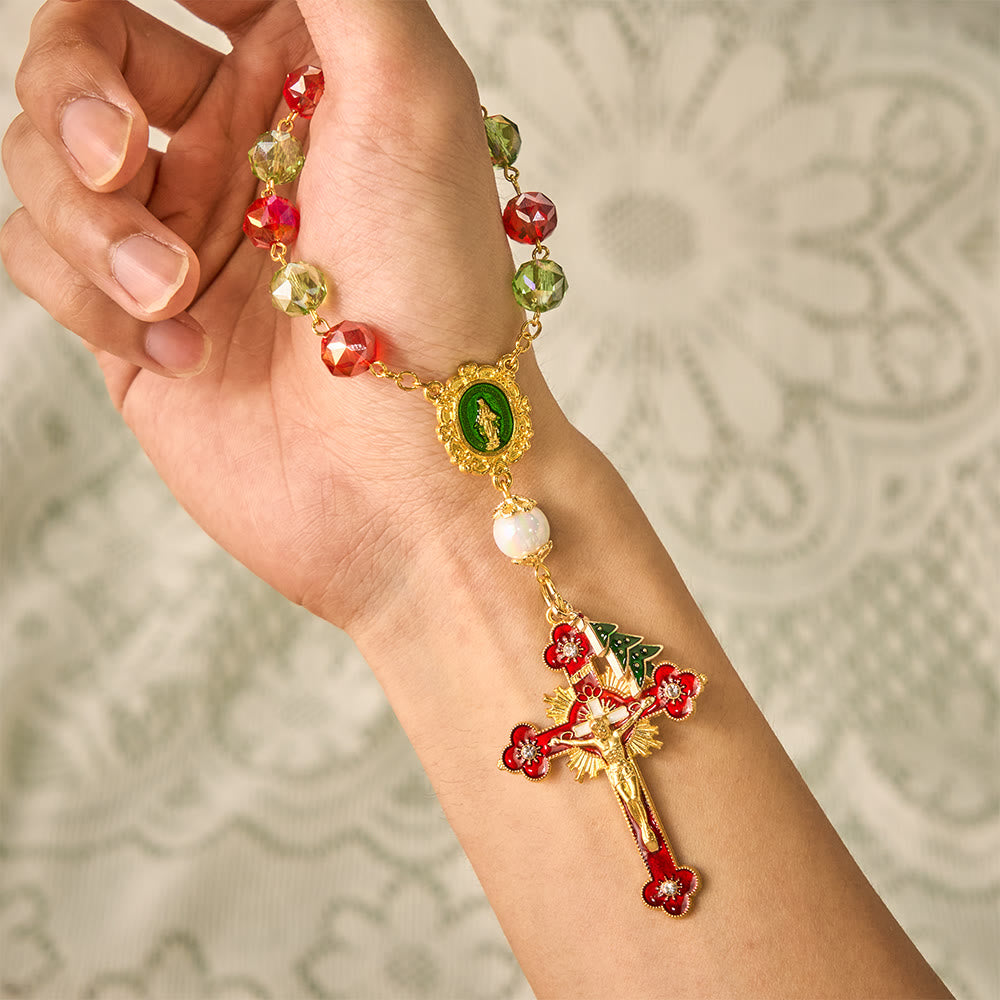 SolaceBeads Red &amp; Green Crystal Pocket Rosary With Christmas Tree Charm: Joy in Holiday Sparkle - image 1