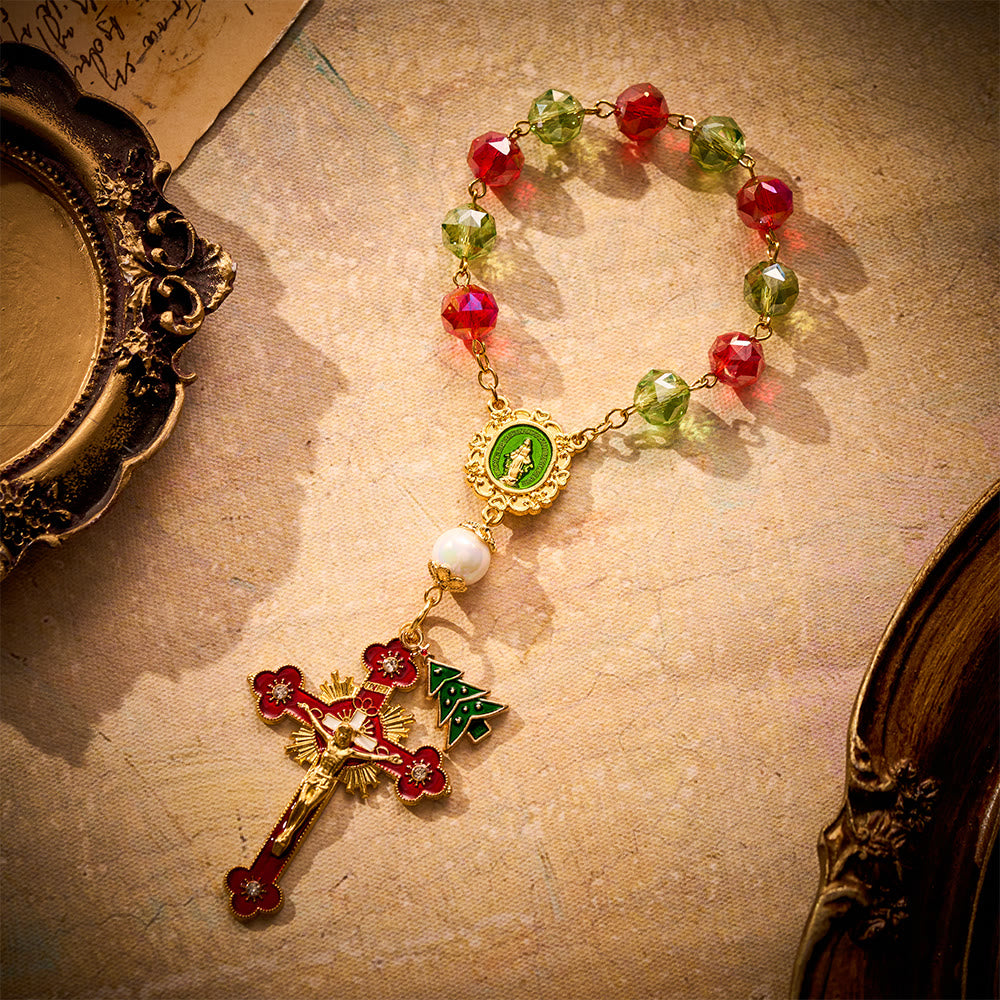 SolaceBeads Red & Green Crystal Pocket Rosary With Christmas Tree Charm: Joy in Holiday Sparkle - Red & Green - image 0