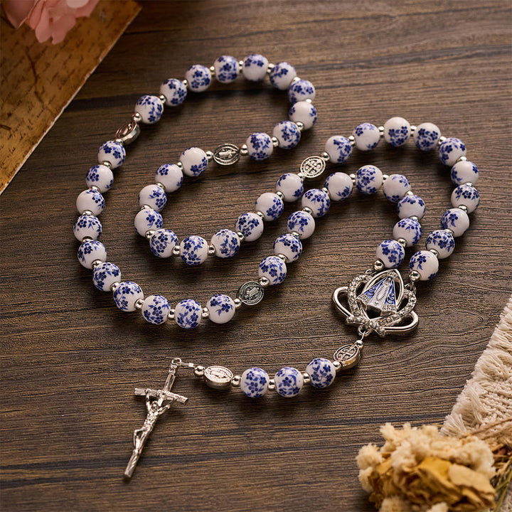 SolaceBeads Blue Floral Ceramic &amp; St. Benedict Medal Rosary: Quiet Strength for Devotional Reflection - image 3