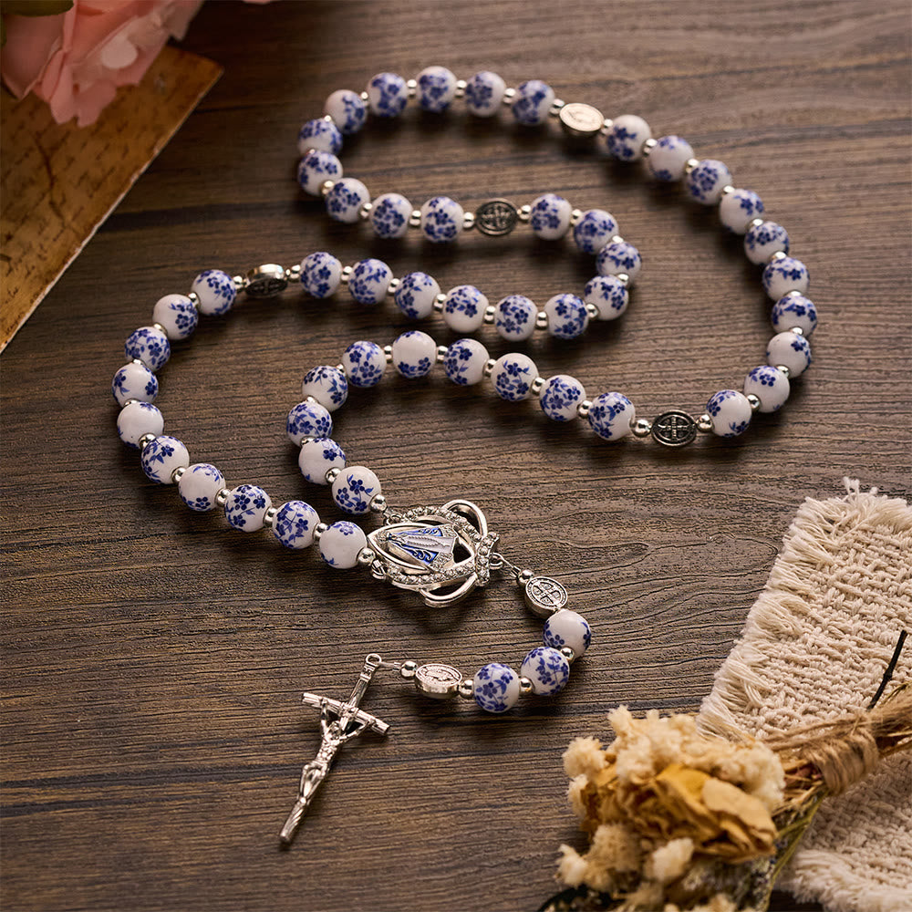 SolaceBeads Blue Floral Ceramic &amp; St. Benedict Medal Rosary: Quiet Strength for Devotional Reflection - image 5