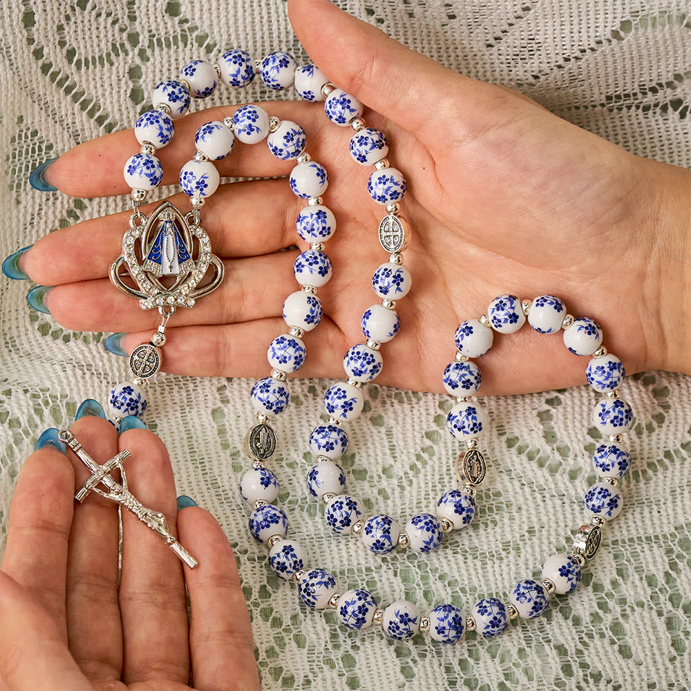 SolaceBeads Blue Floral Ceramic &amp; St. Benedict Medal Rosary: Quiet Strength for Devotional Reflection - image 1