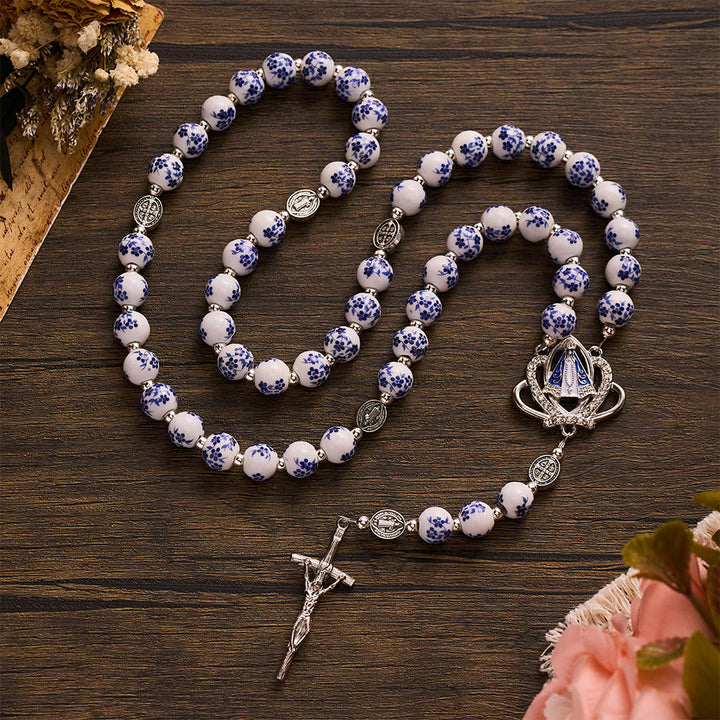 SolaceBeads Blue Floral Ceramic &amp; St. Benedict Medal Rosary: Quiet Strength for Devotional Reflection - image 2
