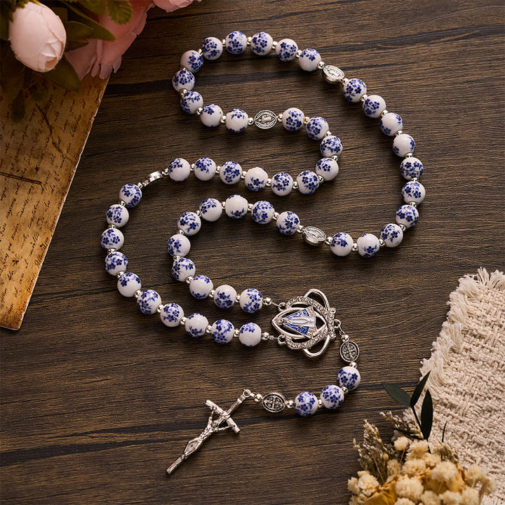 SolaceBeads Blue Floral Ceramic &amp; St. Benedict Medal Rosary: Quiet Strength for Devotional Reflection - image 4