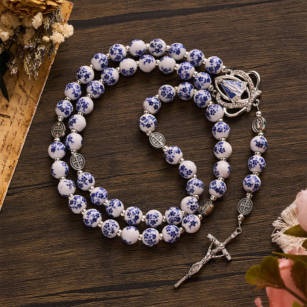 SolaceBeads Blue Floral Ceramic &amp; St. Benedict Medal Rosary: Quiet Strength for Devotional Reflection - Blue White &amp; Floral - image 0