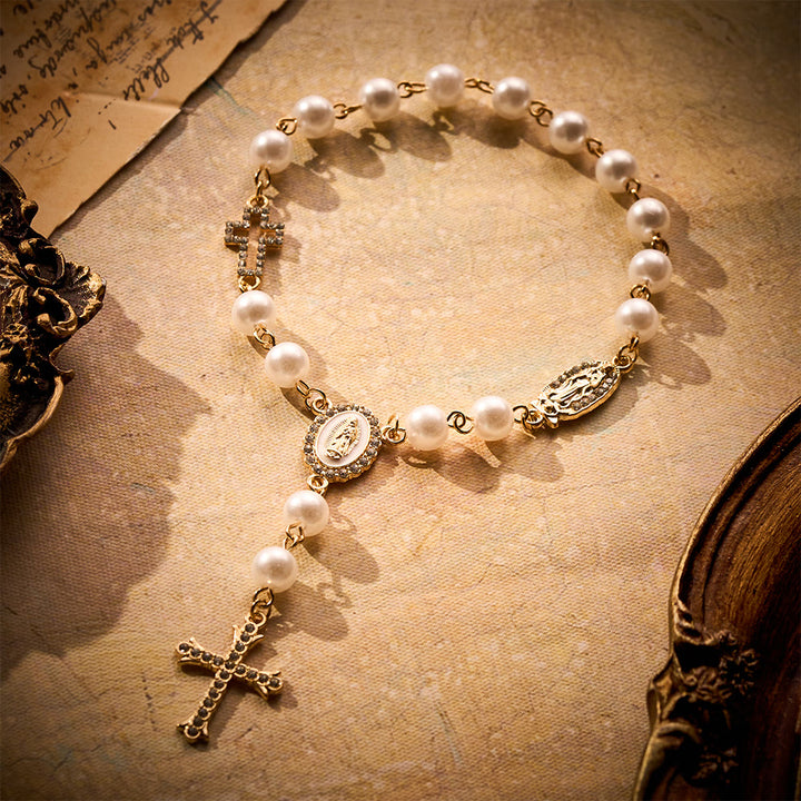 SolaceBeads White Pearl Our Lady of Guadalupe Pocket Rosary: Constant Protection in Motion - Gold - image 0
