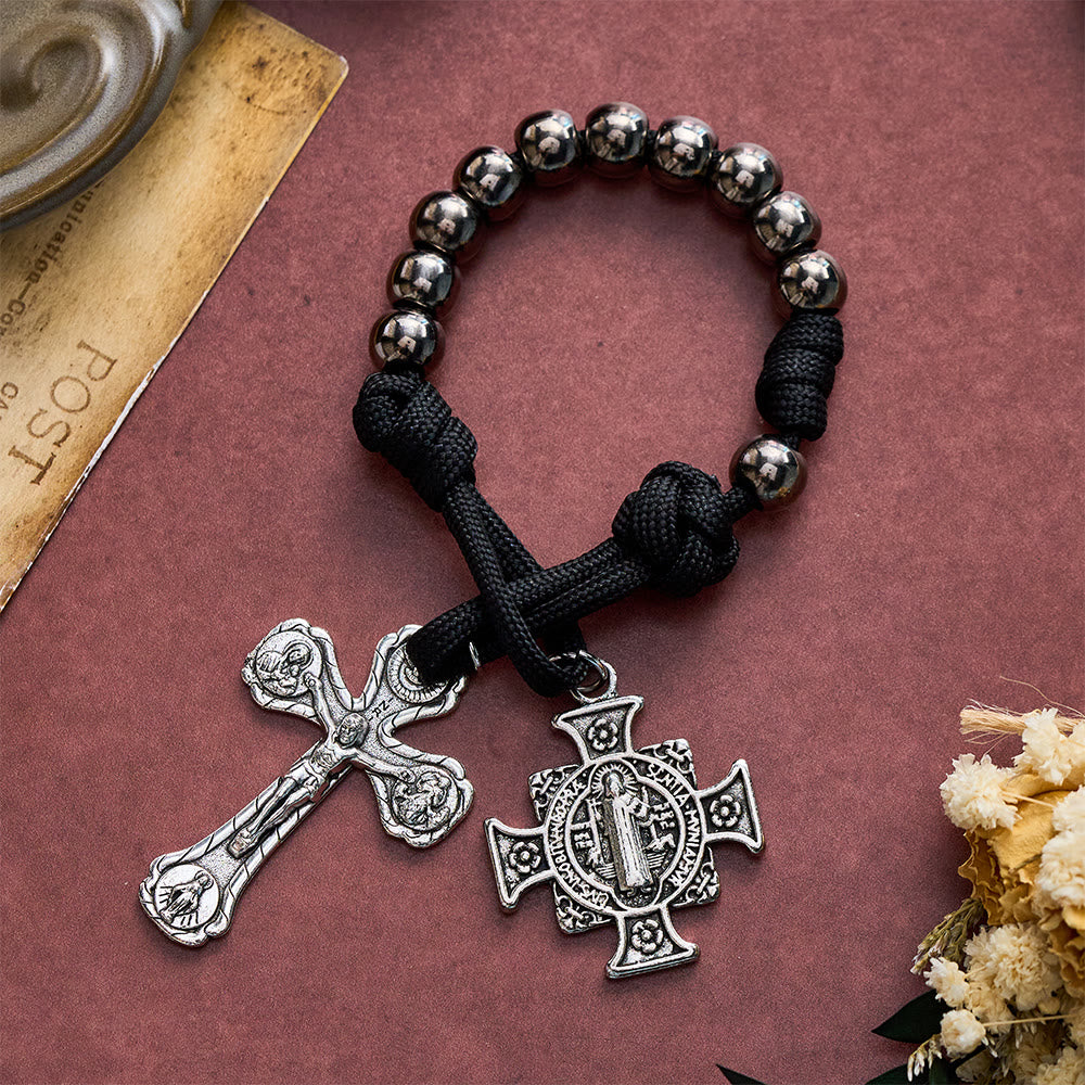 SolaceBeads Gunmetal Beads Four-Way Crucifix &amp; St. Benedict Pocket Rosary: Steadfast Protection - image 2
