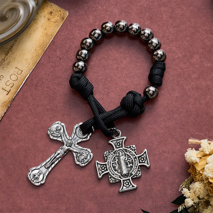 SolaceBeads Gunmetal Beads Four-Way Crucifix &amp; St. Benedict Pocket Rosary: Steadfast Protection - image 2