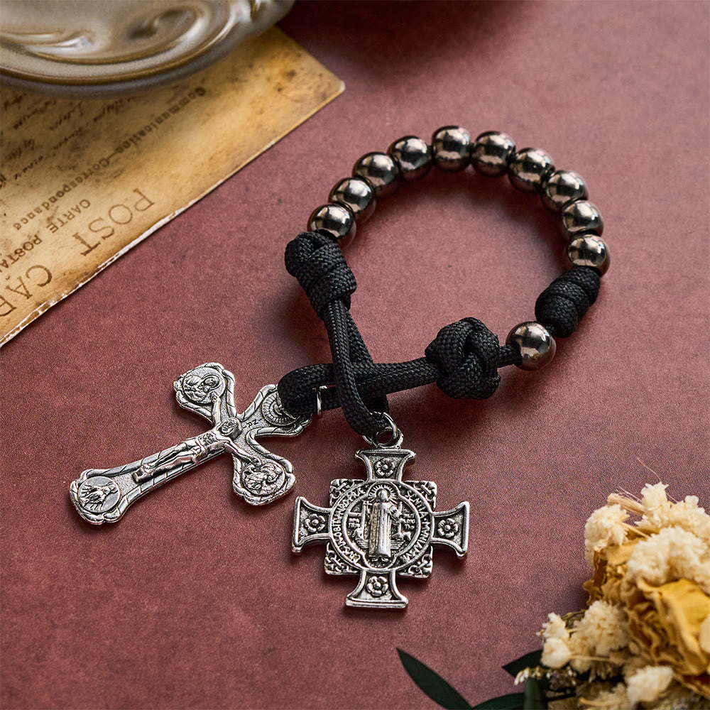 SolaceBeads Gunmetal Beads Four-Way Crucifix &amp; St. Benedict Pocket Rosary: Steadfast Protection - Gunmetal - image 0