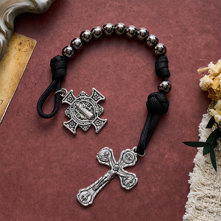 SolaceBeads Gunmetal Beads Four-Way Crucifix &amp; St. Benedict Pocket Rosary: Steadfast Protection - image 3