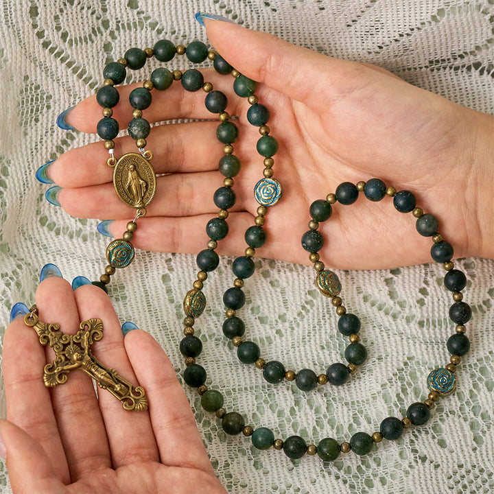 SolaceBeads Matte Moss Agate &amp; Carved Rose Beads Virgin Mary Rosary: Quiet Grace, Divine Light - image 1