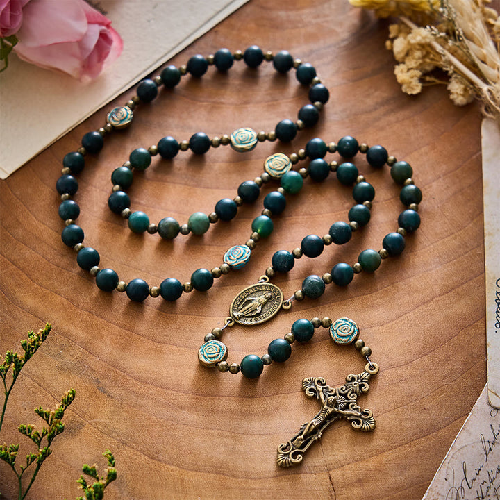 SolaceBeads Matte Moss Agate &amp; Carved Rose Beads Virgin Mary Rosary: Quiet Grace, Divine Light - image 10
