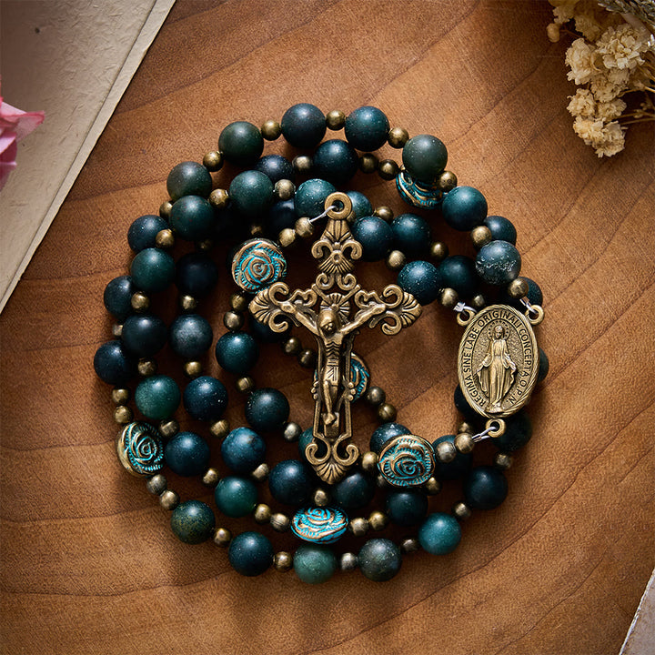 SolaceBeads Matte Moss Agate &amp; Carved Rose Beads Virgin Mary Rosary: Quiet Grace, Divine Light - image 9