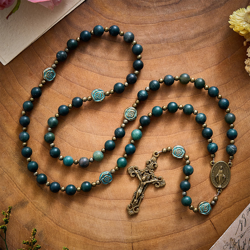 SolaceBeads Matte Moss Agate &amp; Carved Rose Beads Virgin Mary Rosary: Quiet Grace, Divine Light - image 4