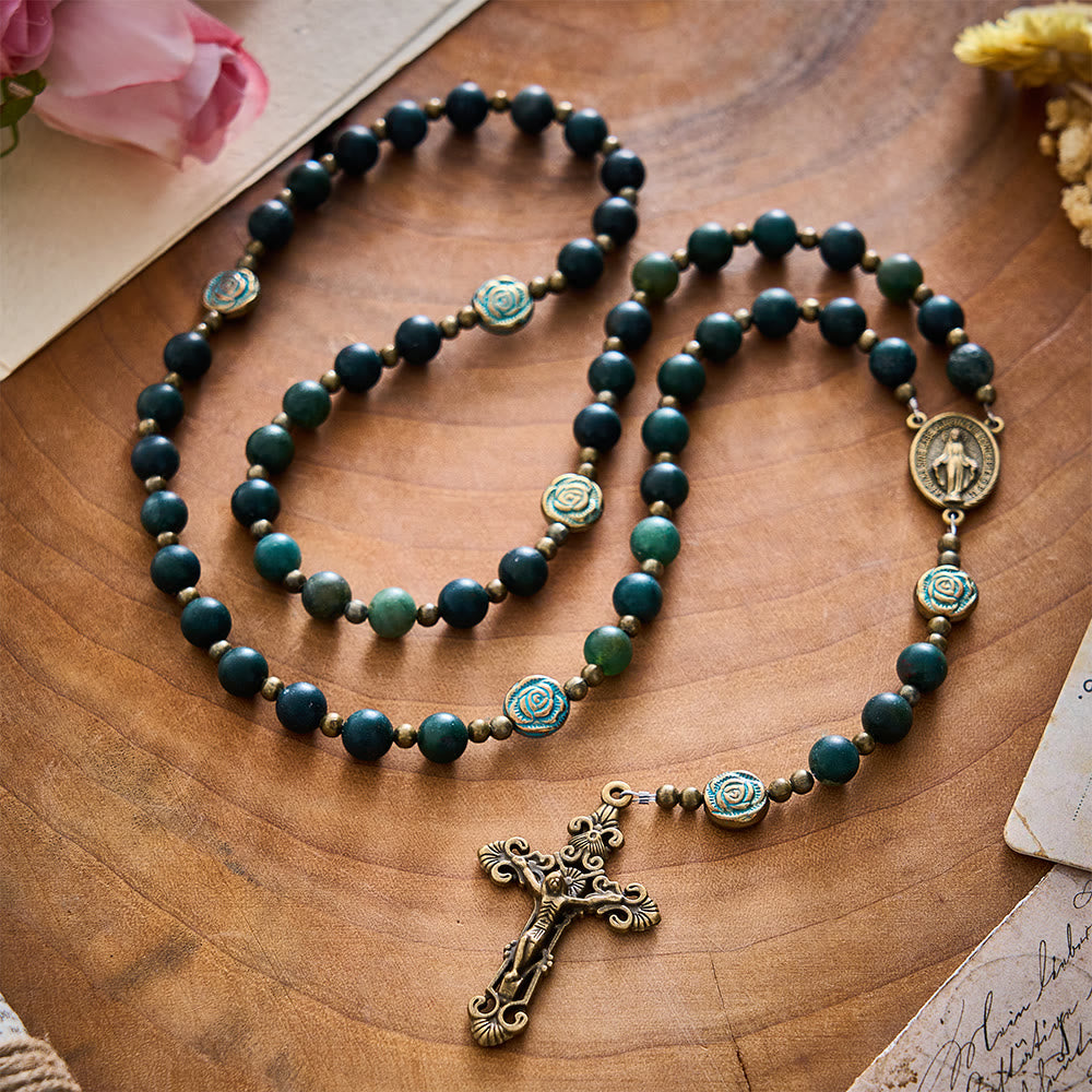 SolaceBeads Matte Moss Agate &amp; Carved Rose Beads Virgin Mary Rosary: Quiet Grace, Divine Light - image 3