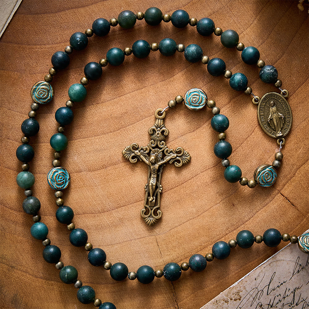 SolaceBeads Matte Moss Agate &amp; Carved Rose Beads Virgin Mary Rosary: Quiet Grace, Divine Light - image 5