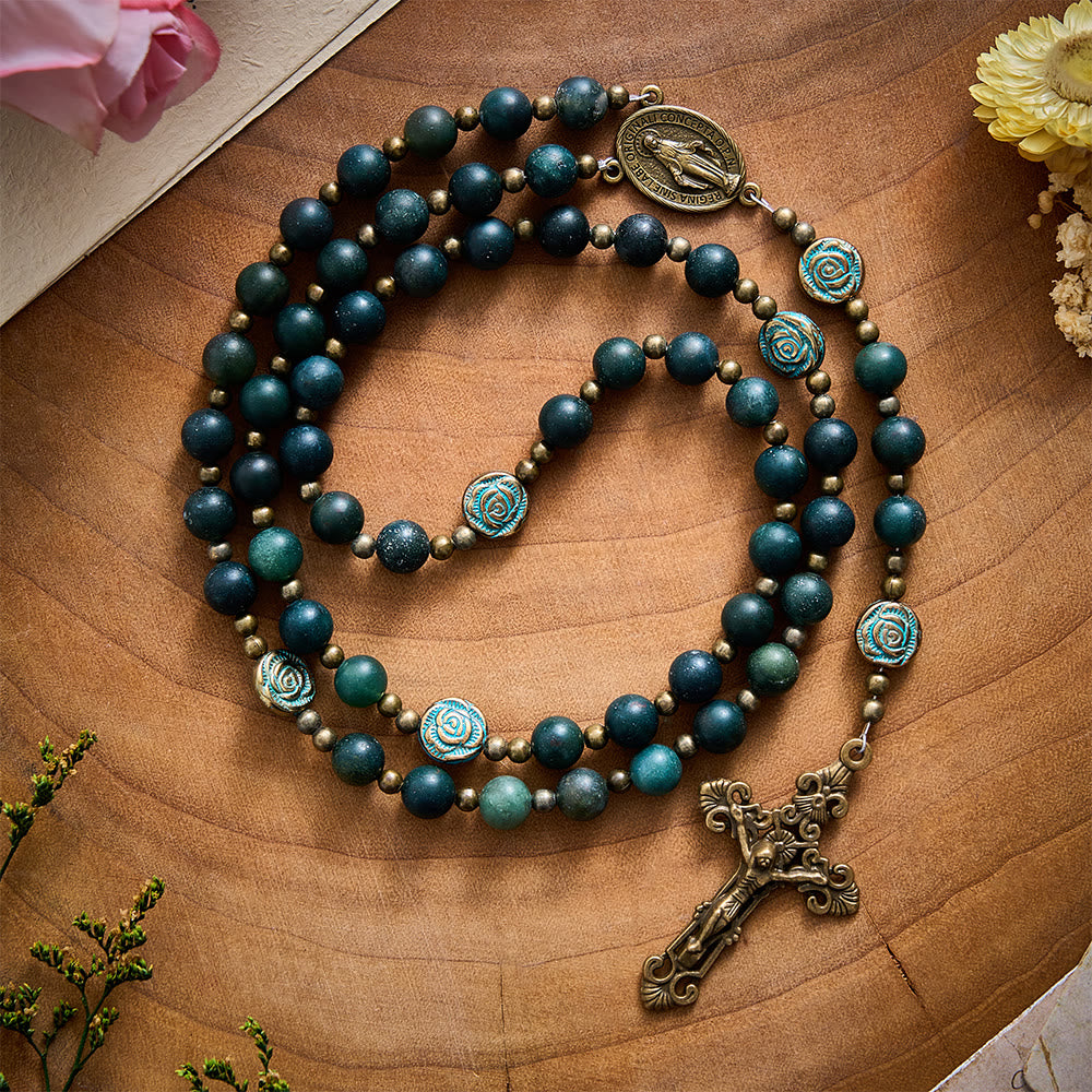 SolaceBeads Matte Moss Agate &amp; Carved Rose Beads Virgin Mary Rosary: Quiet Grace, Divine Light - image 2