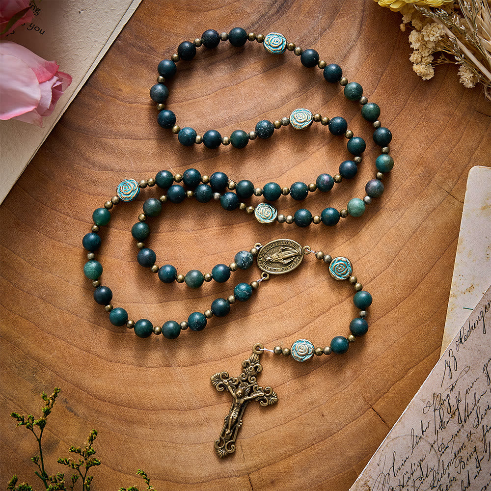 SolaceBeads Matte Moss Agate &amp; Carved Rose Beads Virgin Mary Rosary: Quiet Grace, Divine Light - Matte Forest Moss - image 0