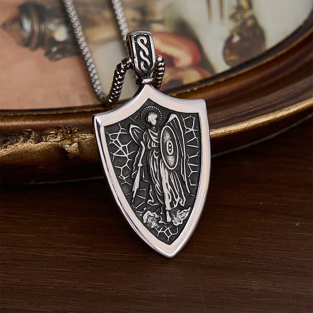 SolaceBeads Stainless Steel Archangel Saint Michael Shield Necklace: Courage, Divine Protection - Antique Silver - image 1