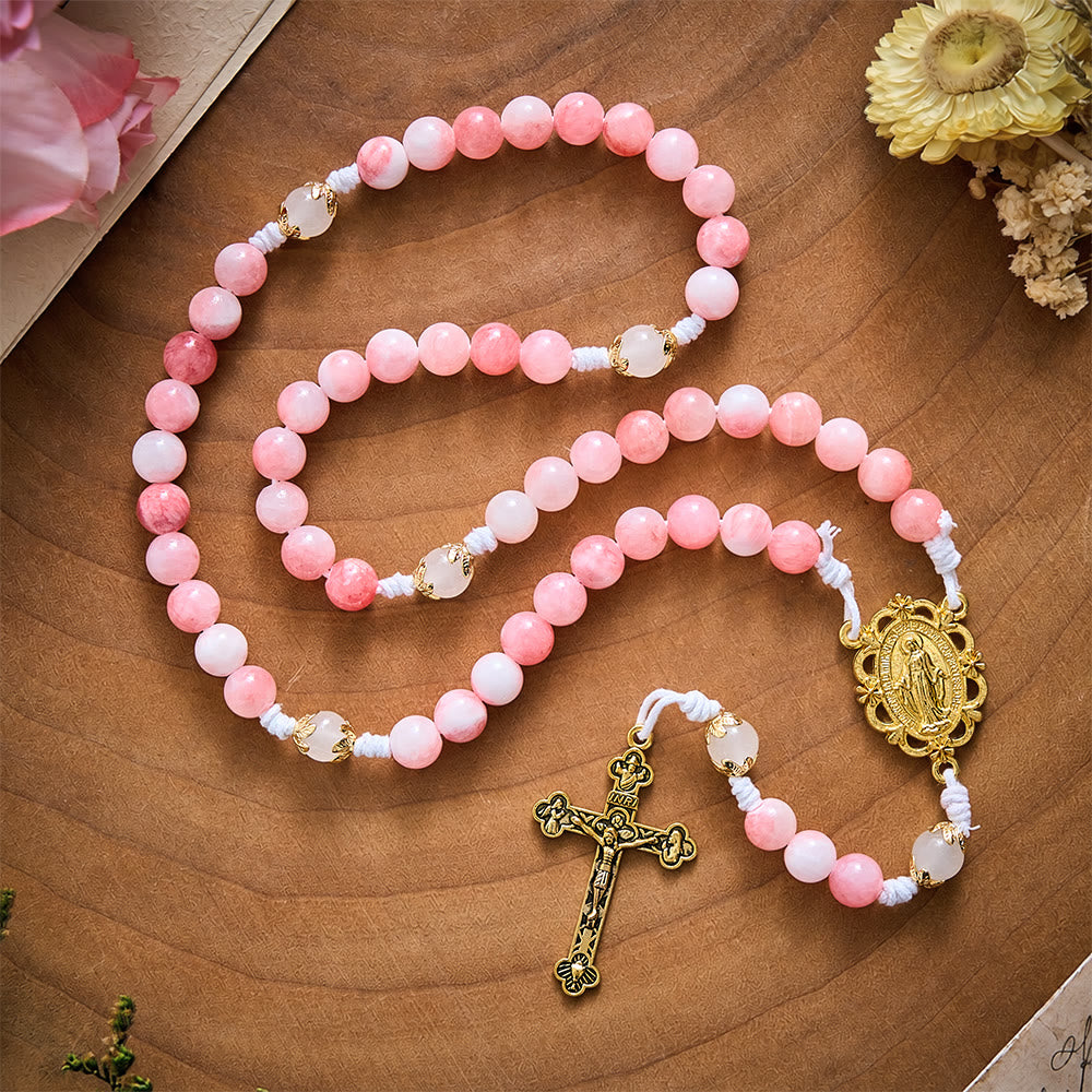 SolaceBeads Persian Jade Stone Rosary With Miraculous Medal &amp; Crucifix: Peace in Soft Pink Hues - image 10