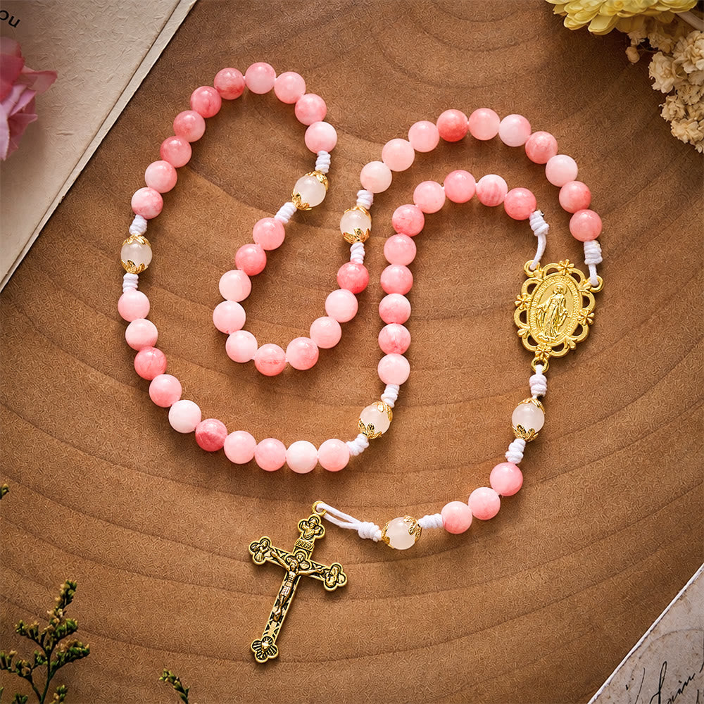 SolaceBeads Persian Jade Stone Rosary With Miraculous Medal &amp; Crucifix: Peace in Soft Pink Hues - image 7