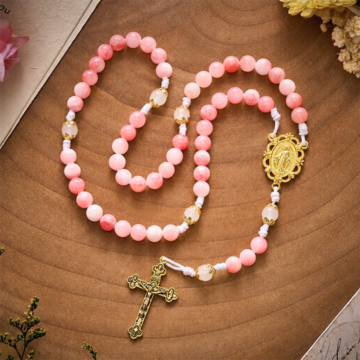 SolaceBeads Persian Jade Stone Rosary With Miraculous Medal &amp; Crucifix: Peace in Soft Pink Hues - image 7