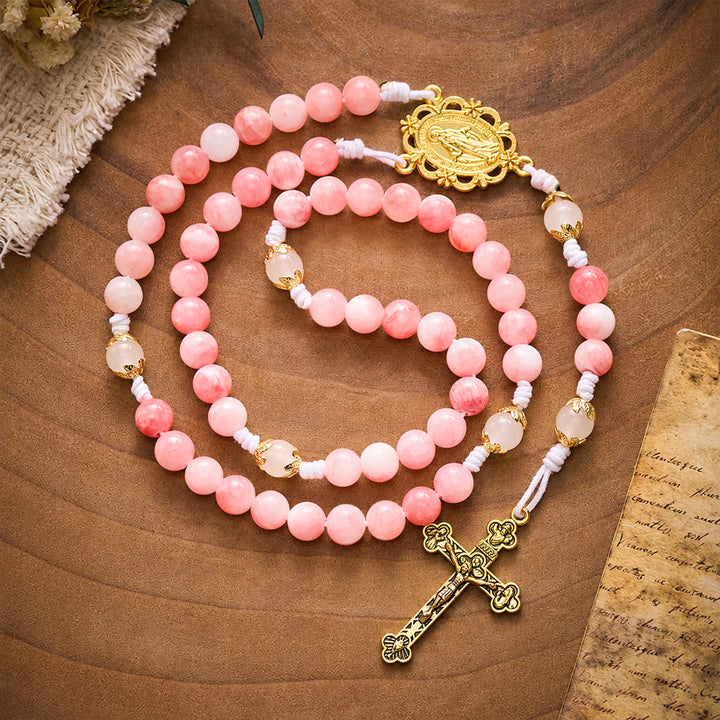 SolaceBeads Persian Jade Stone Rosary With Miraculous Medal &amp; Crucifix: Peace in Soft Pink Hues - Pink Persian Jade - image 0
