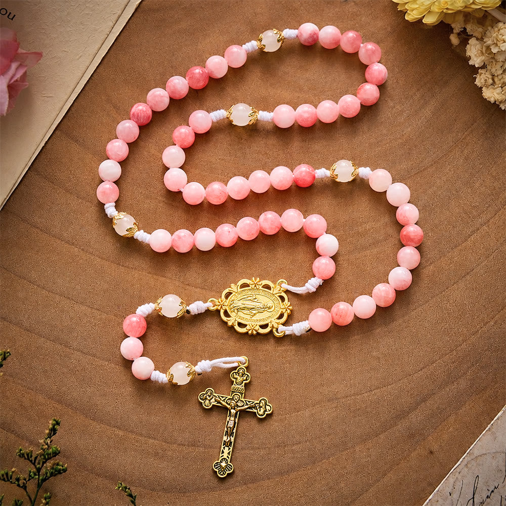 SolaceBeads Persian Jade Stone Rosary With Miraculous Medal &amp; Crucifix: Peace in Soft Pink Hues - image 9