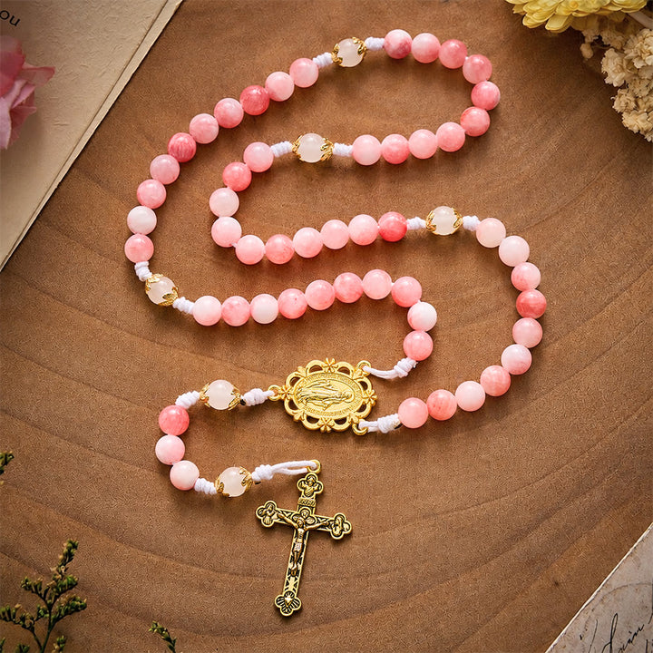 SolaceBeads Persian Jade Stone Rosary With Miraculous Medal &amp; Crucifix: Peace in Soft Pink Hues - image 9