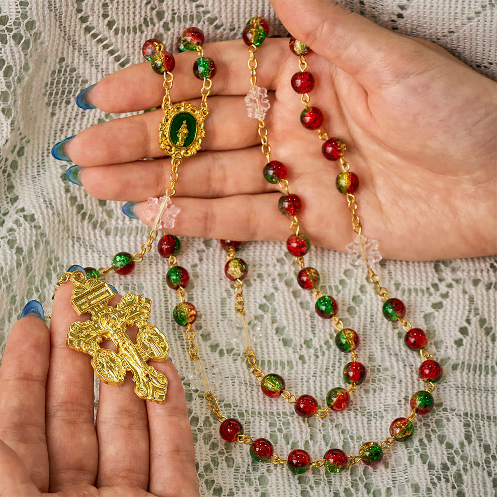 SolaceBeads Red &amp; Green Beads &amp; Snowflake Glass Rosary With Pardon Crucifix: Christmas Devotion - image 1