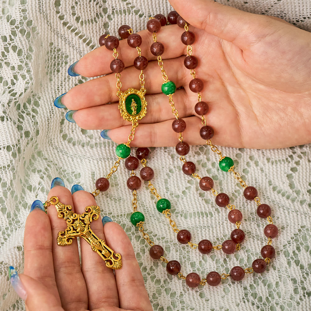 SolaceBeads Strawberry Quartz &amp; Green Jade Rosary With Miraculous Medal: Warm Blessing for Christmas - image 1