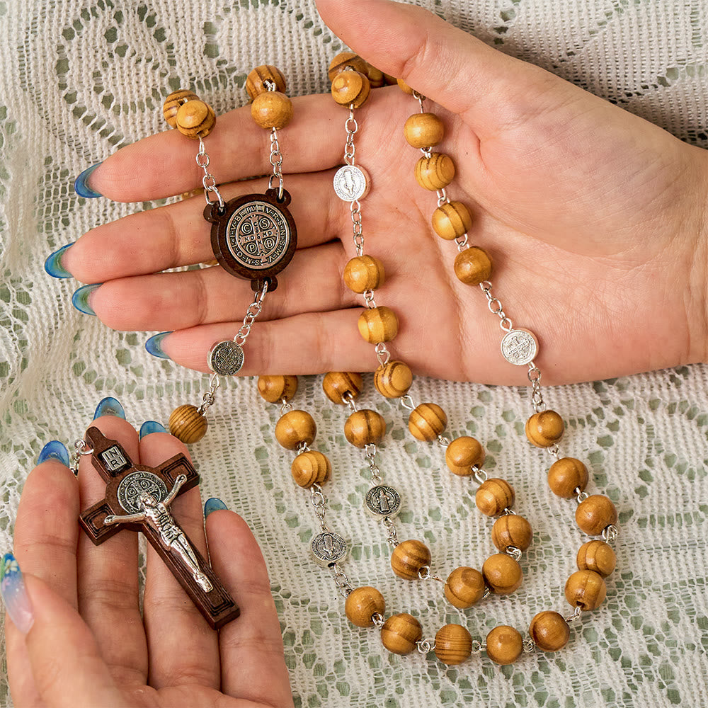 SolaceBeads Pine Wood Rosary With St. Benedict Medal &amp; Crucifix: Peace in Natural Grain - image 1