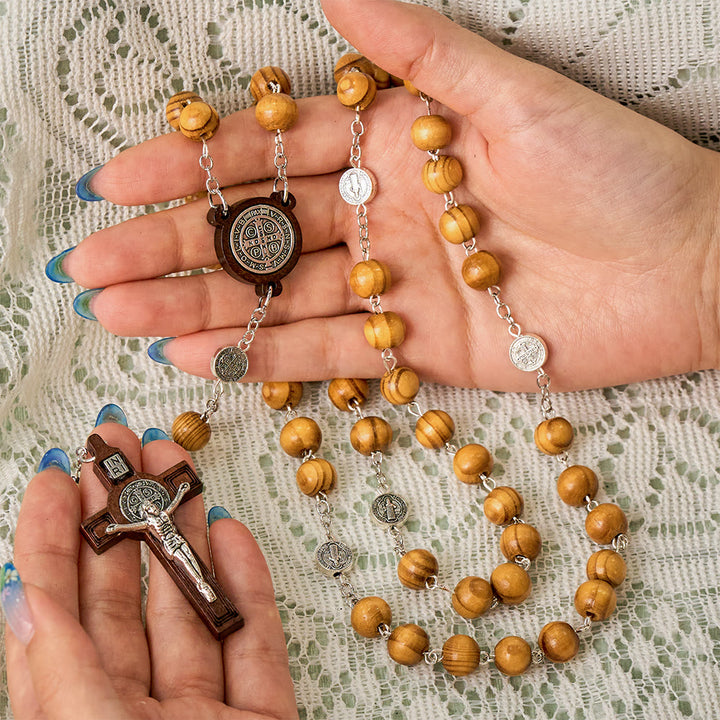 SolaceBeads Pine Wood Rosary With St. Benedict Medal &amp; Crucifix: Peace in Natural Grain - image 1