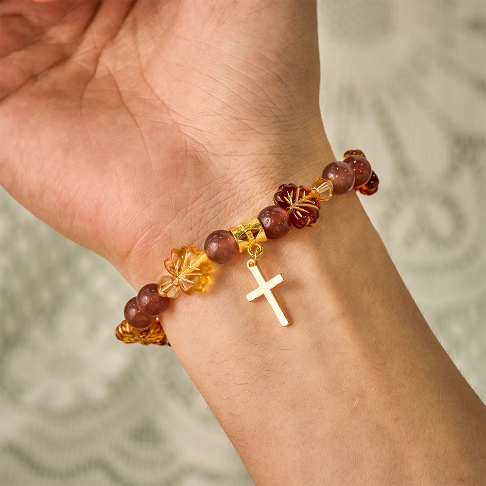 SolaceBeads Strawberry Quartz &amp; Maple Bead Bracelet With Cross: Warm Autumn Faith In Thanksgiving - image 1