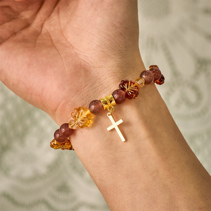 SolaceBeads Strawberry Quartz &amp; Maple Bead Bracelet With Cross: Warm Autumn Faith In Thanksgiving - image 1