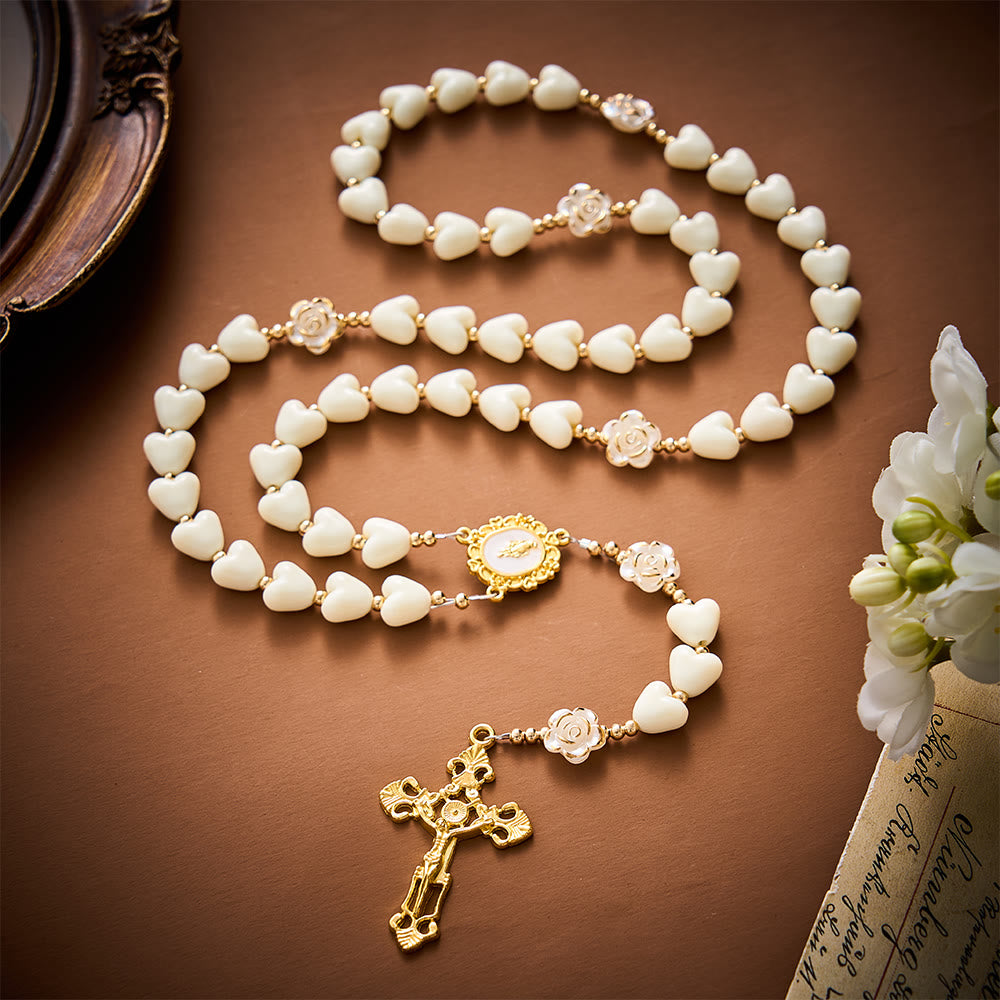SolaceBeads Apricot Heart &amp; Pearl-Edged Rose Artistic Rosary With Crucifix: Peace in Gentle Devotion - image 8