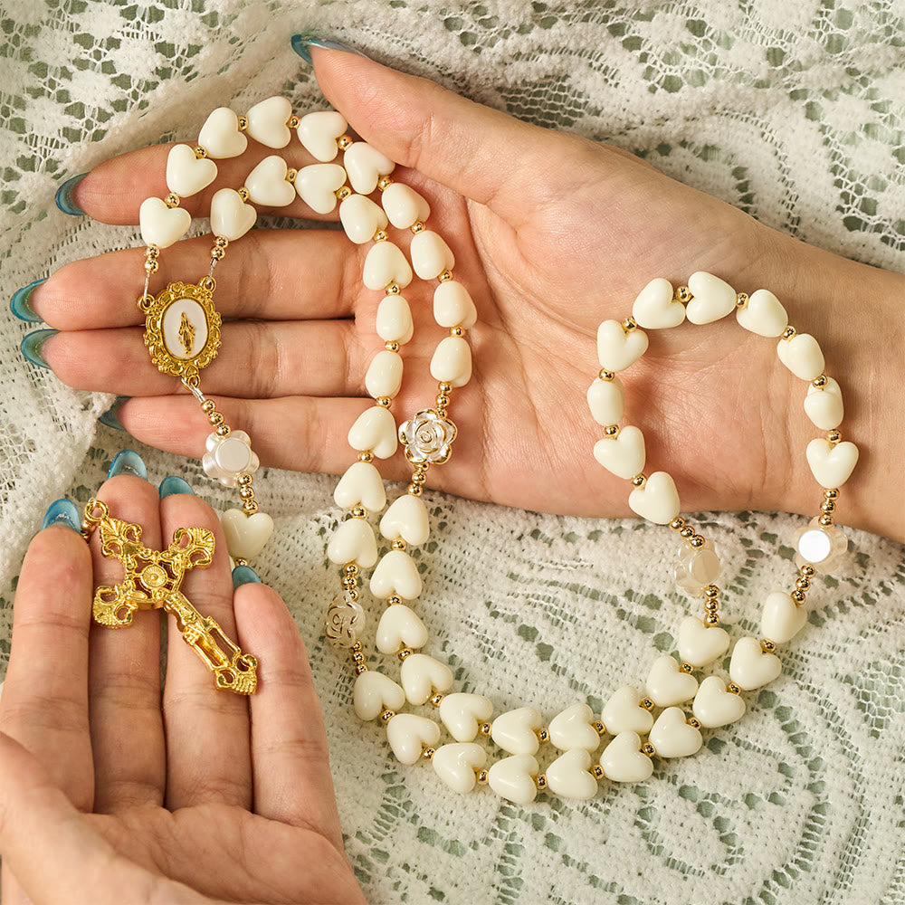 SolaceBeads Apricot Heart &amp; Pearl-Edged Rose Artistic Rosary With Crucifix: Peace in Gentle Devotion - image 1