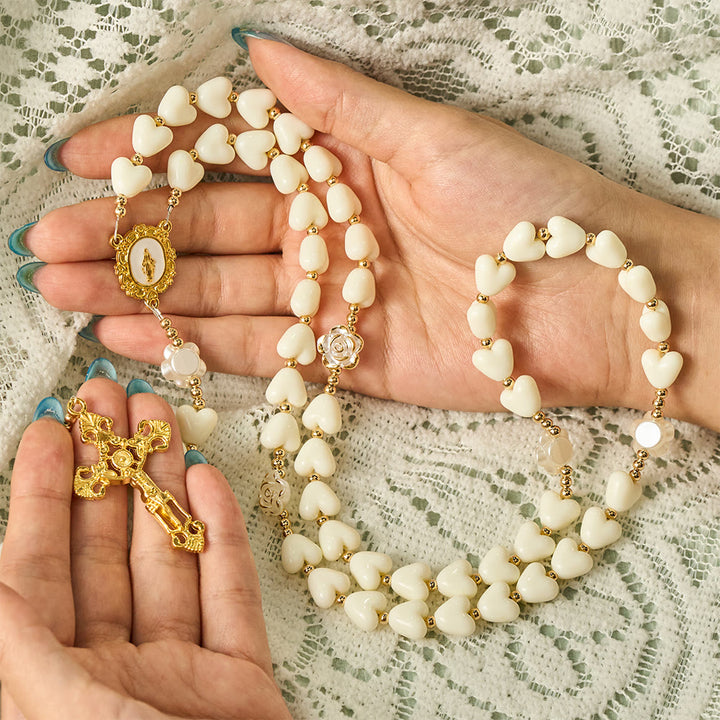 SolaceBeads Apricot Heart &amp; Pearl-Edged Rose Artistic Rosary With Crucifix: Peace in Gentle Devotion - image 1