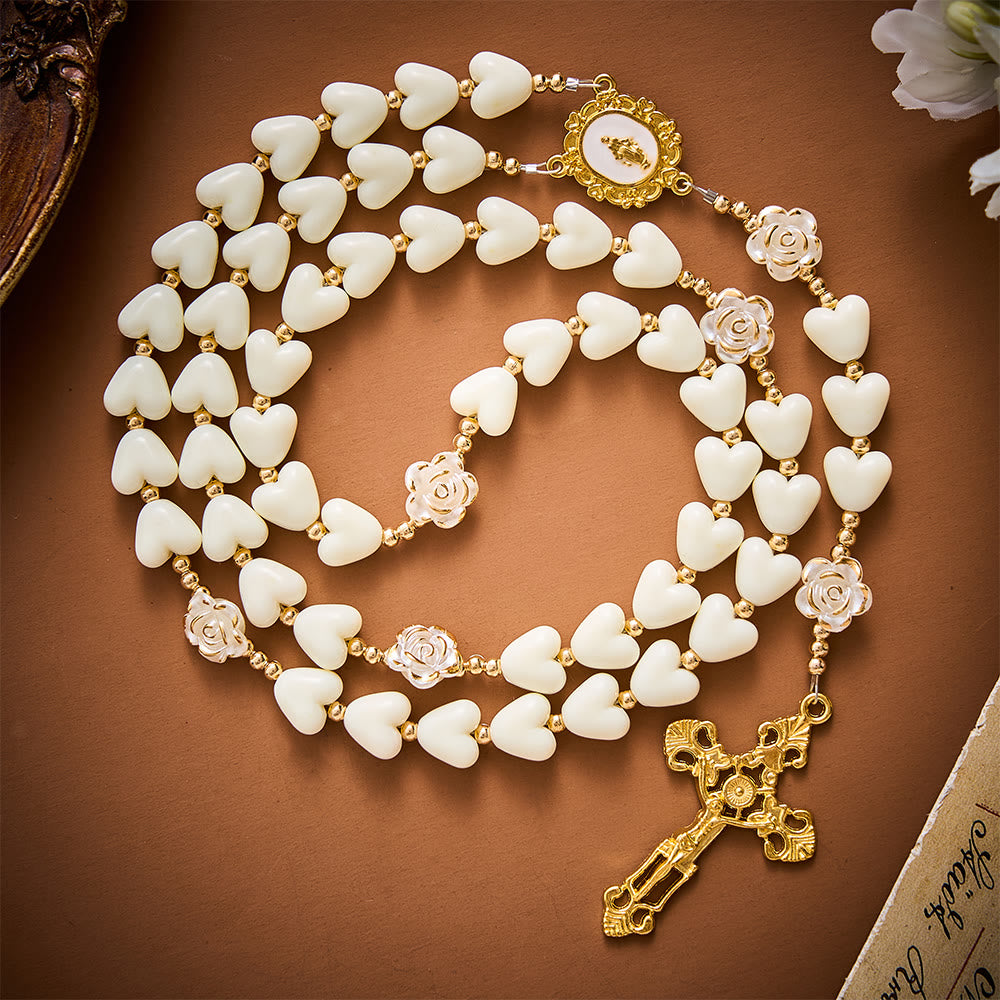 SolaceBeads Apricot Heart &amp; Pearl-Edged Rose Artistic Rosary With Crucifix: Peace in Gentle Devotion - White - image 0