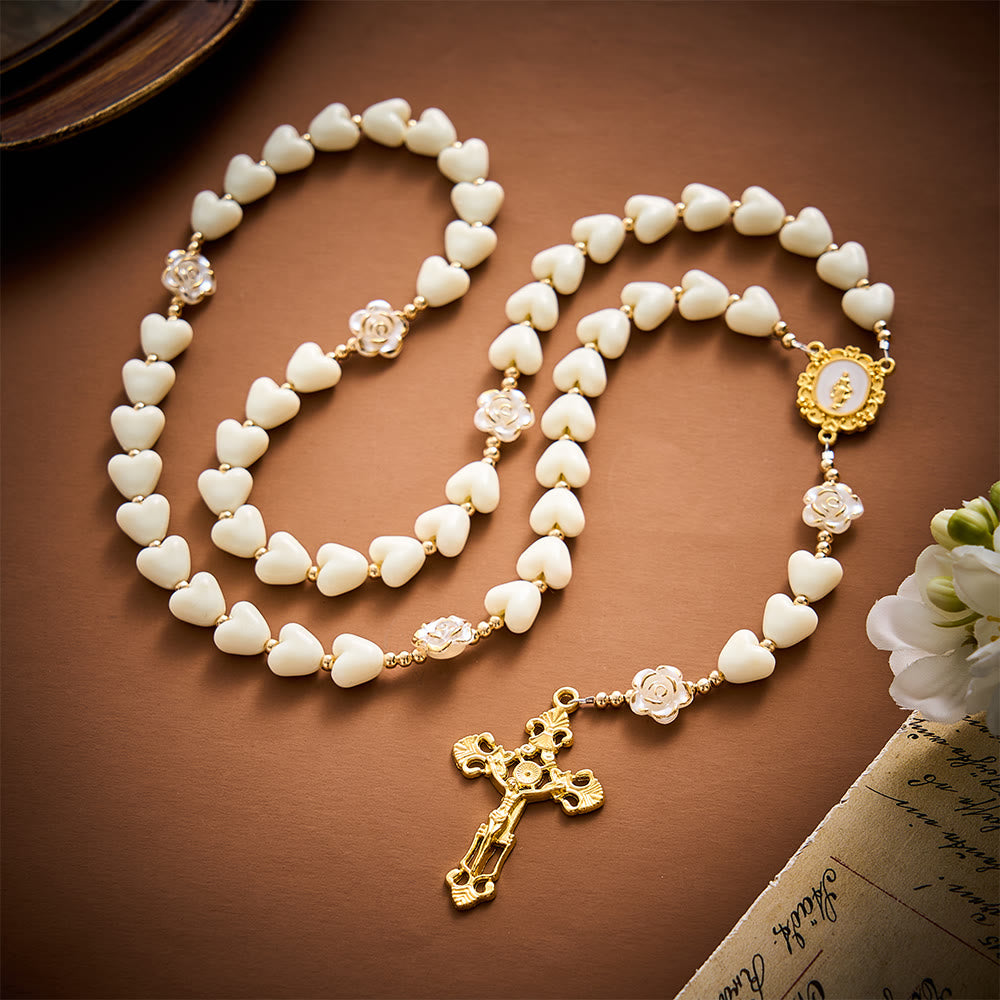 SolaceBeads Apricot Heart &amp; Pearl-Edged Rose Artistic Rosary With Crucifix: Peace in Gentle Devotion - image 9