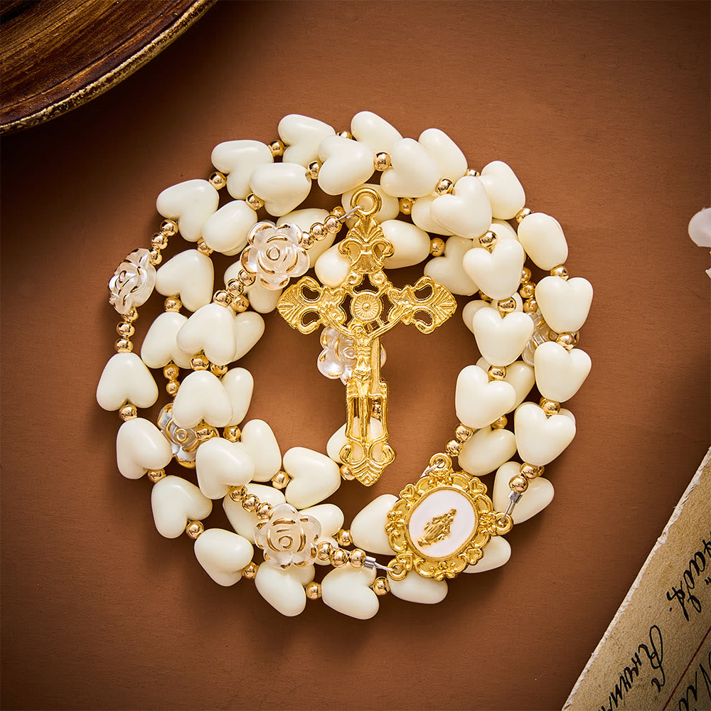 SolaceBeads Apricot Heart &amp; Pearl-Edged Rose Artistic Rosary With Crucifix: Peace in Gentle Devotion - image 5