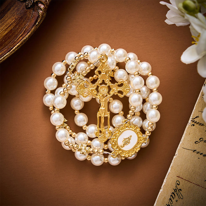SolaceBeads Pearl &amp; Golden Clover Artistic Rosary With Miraculous Medal: The Blessed Grace - image 5