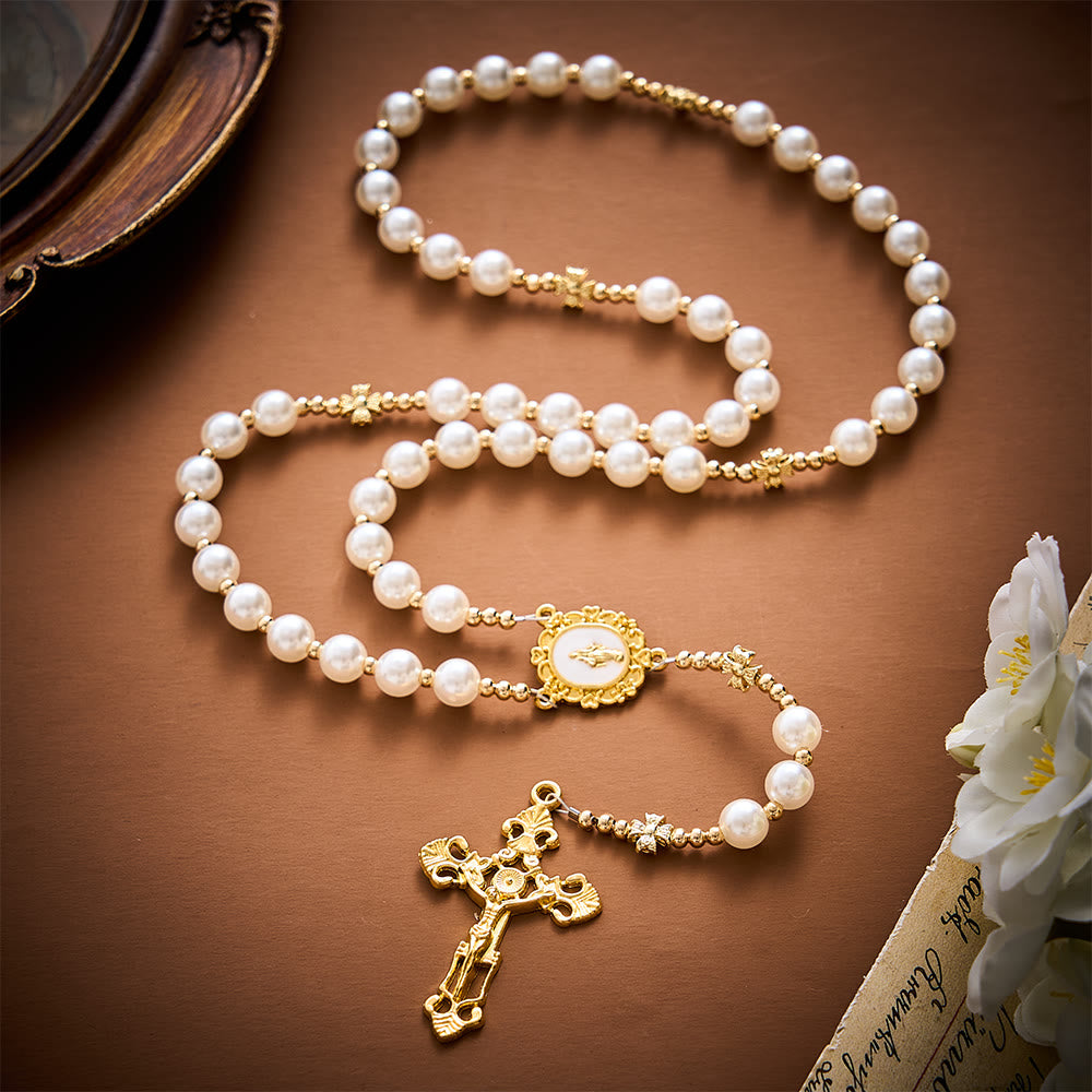 SolaceBeads Pearl &amp; Golden Clover Artistic Rosary With Miraculous Medal: The Blessed Grace - image 8